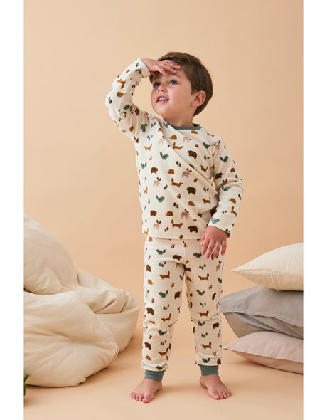 Pyjama en velours côtelé beige clair, animaux de la fôret