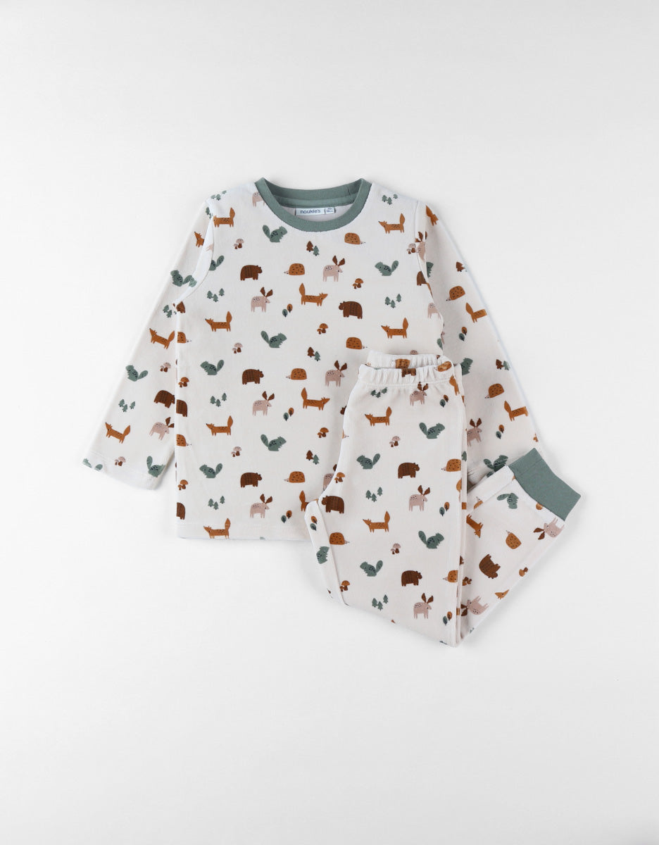 Pyjama en velours côtelé beige clair, animaux de la fôret